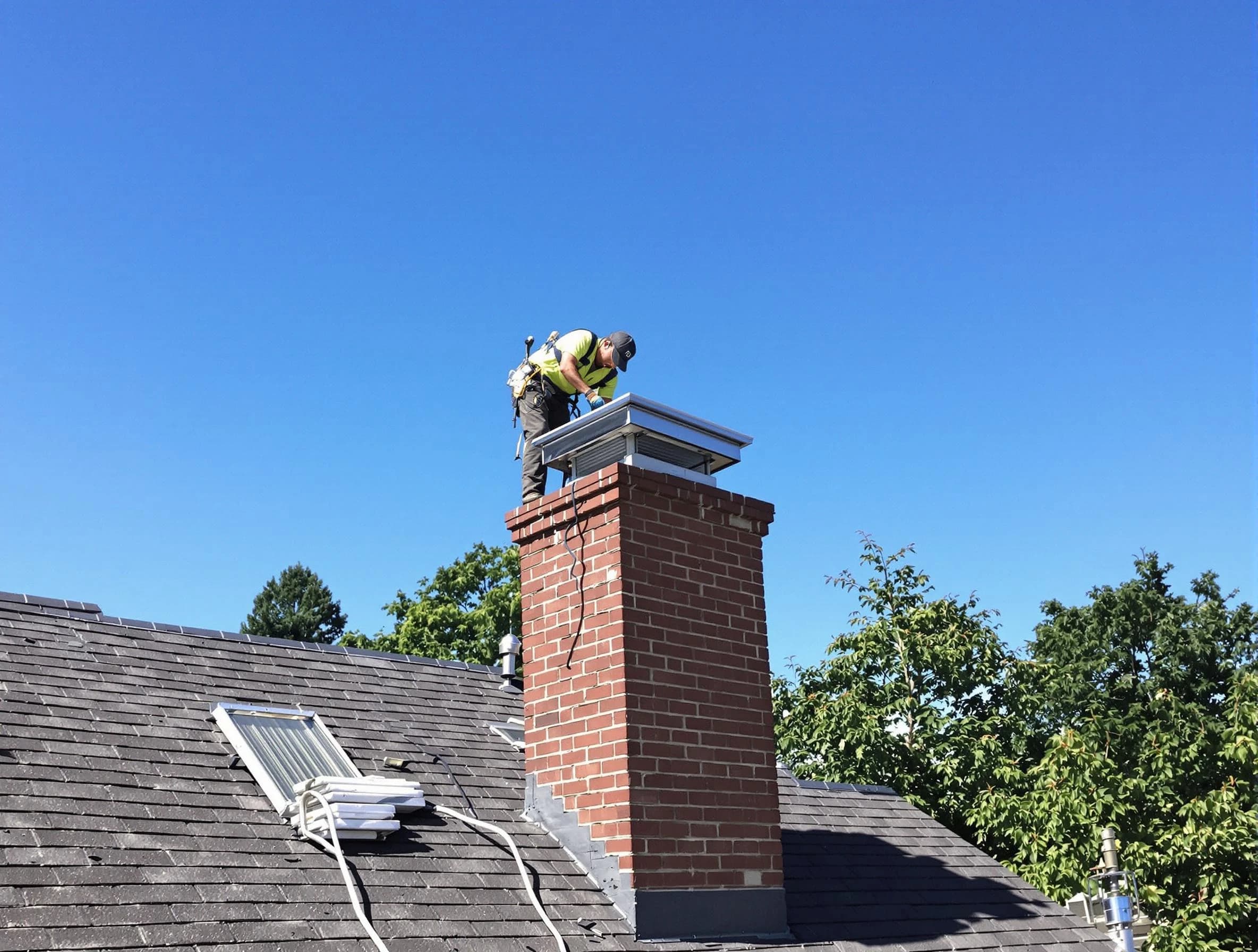 Randolph Chimney Sweep technician measuring a chimney cap in Randolph, NJ